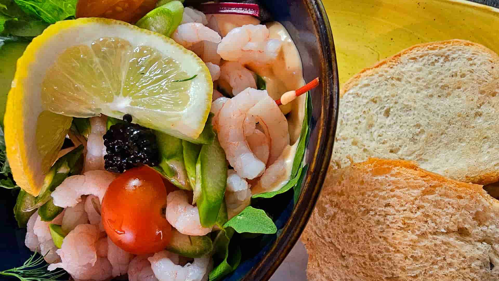 Shrimp salad with avocado served at Restaurant Laguna at Storebælt Camping