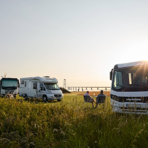 Autocampere i aftensol på Storebælt Camping